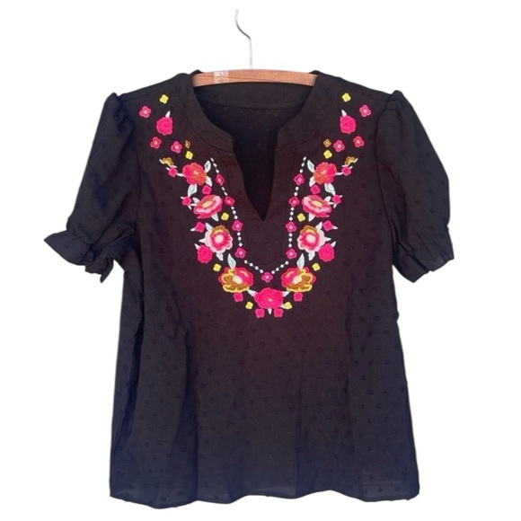 Boho Embroidered Black Puff Sleeve with Ruffled Mandarin Collar - Picture 12 of 12